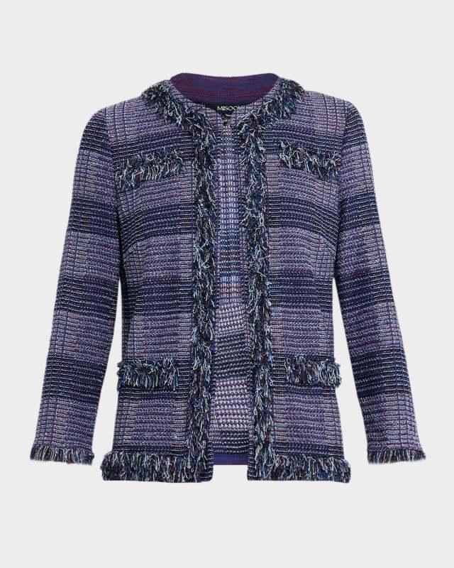 Fringe-Trim Plaid Tweed Jacket